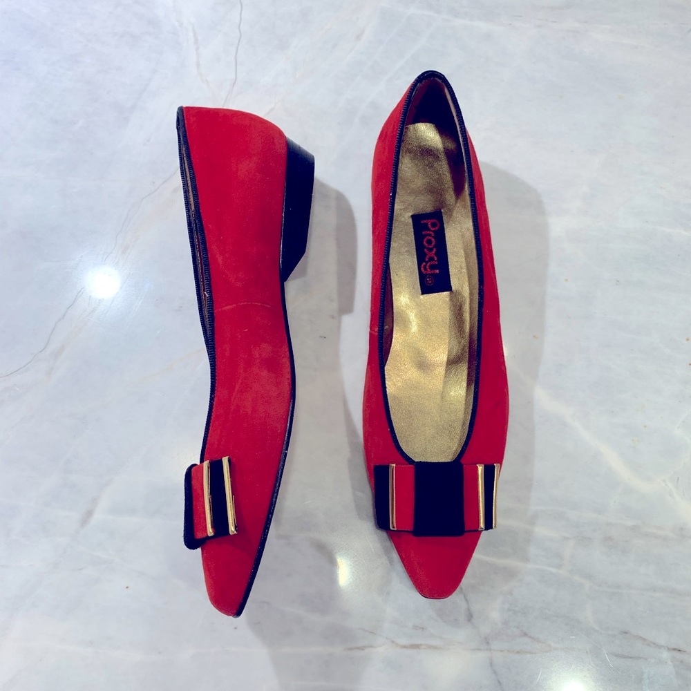 Red suede shoes with black + gold buckle and grosgrain ribbon trim size 6.5 N